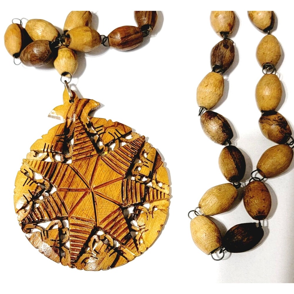 Vintage Boho Carved Wood Star Pendant Necklace, Unusual Beaded Necklace
